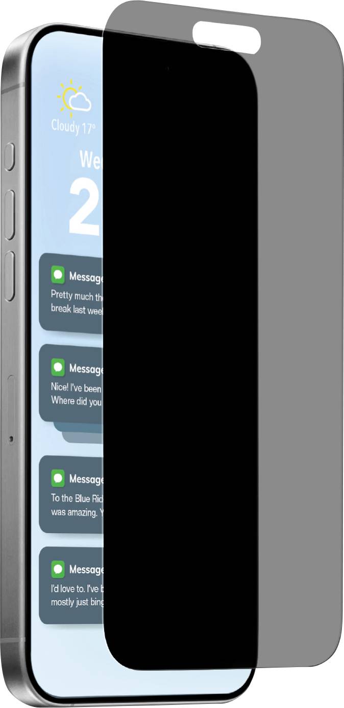 Ein Smartphone mit einem teilweise aufgeklebten Sichtschutzfolie. Das Telefondisplay zeigt eine Wetter-App und Benachrichtigungen von Messaging-Diensten.