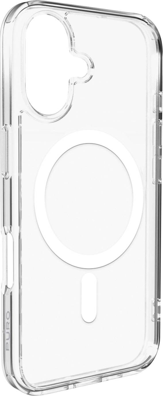 Transparente Handyhülle mit MagSafe-Ring, die Tasten und Aussparungen für Anschlüsse und Kamera zeigt.