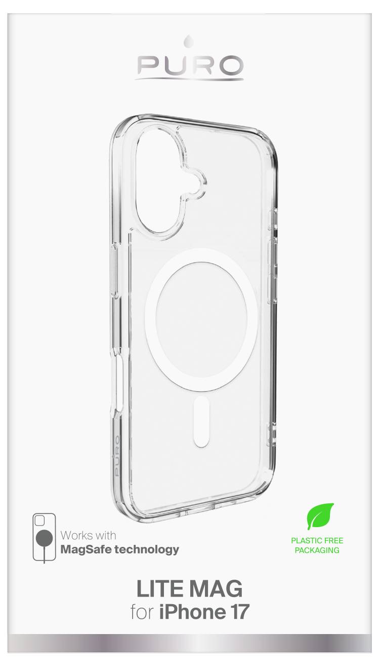 Transparente Schutzhülle für iPhone 17 mit MagSafe-Kompatibilität, gekennzeichnet durch die Etiketten 'Lite Mag' und 'Plastikfreie Verpackung'.