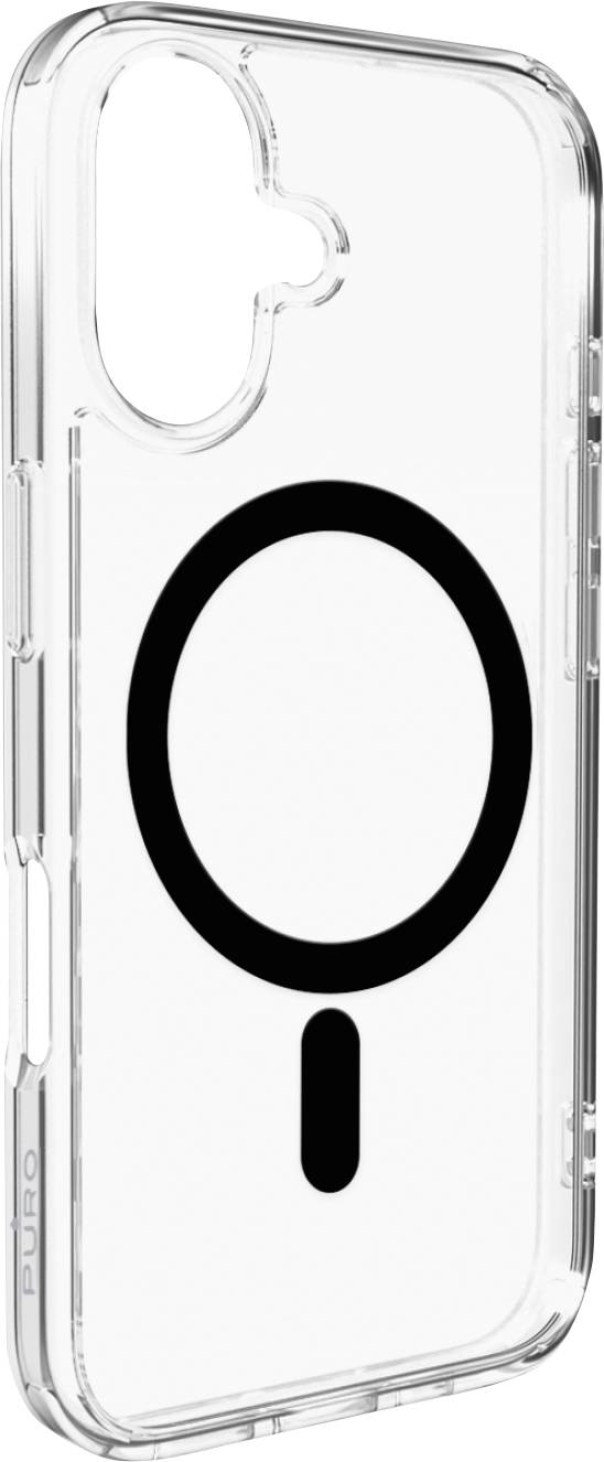 Transparente Handyhülle mit einem schwarzen Lupensymbol auf der Rückseite, entwickelt für Objektivkompatibilität.