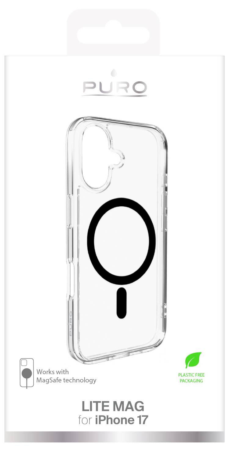 Transparente Handyhülle, entwickelt für das iPhone 17, mit einem schwarzen Kreis, der die MagSafe-Kompatibilität anzeigt; verpackt in umweltfreundlichen, plastikfreien Materialien.