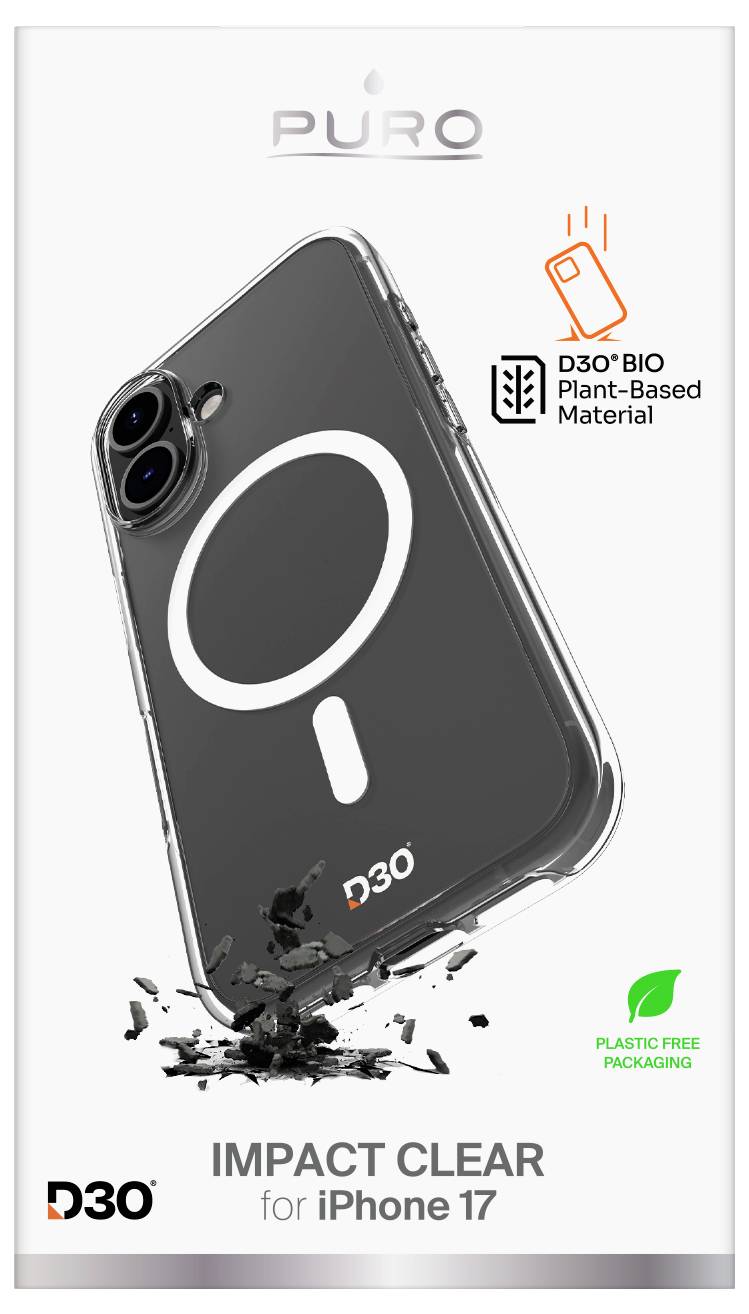 Transparente Handyhülle für iPhone 17 von Puro, hergestellt aus pflanzlichem Material D3O® Bio und mit plastikfreier Verpackung.