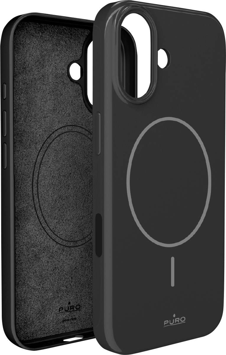 Ein schlanker schwarzer Telefonkoffer mit einem kreisförmigen Magnetausrichtungsdesign für MagSafe-Kompatibilität, aus zwei Perspektiven dargestellt.