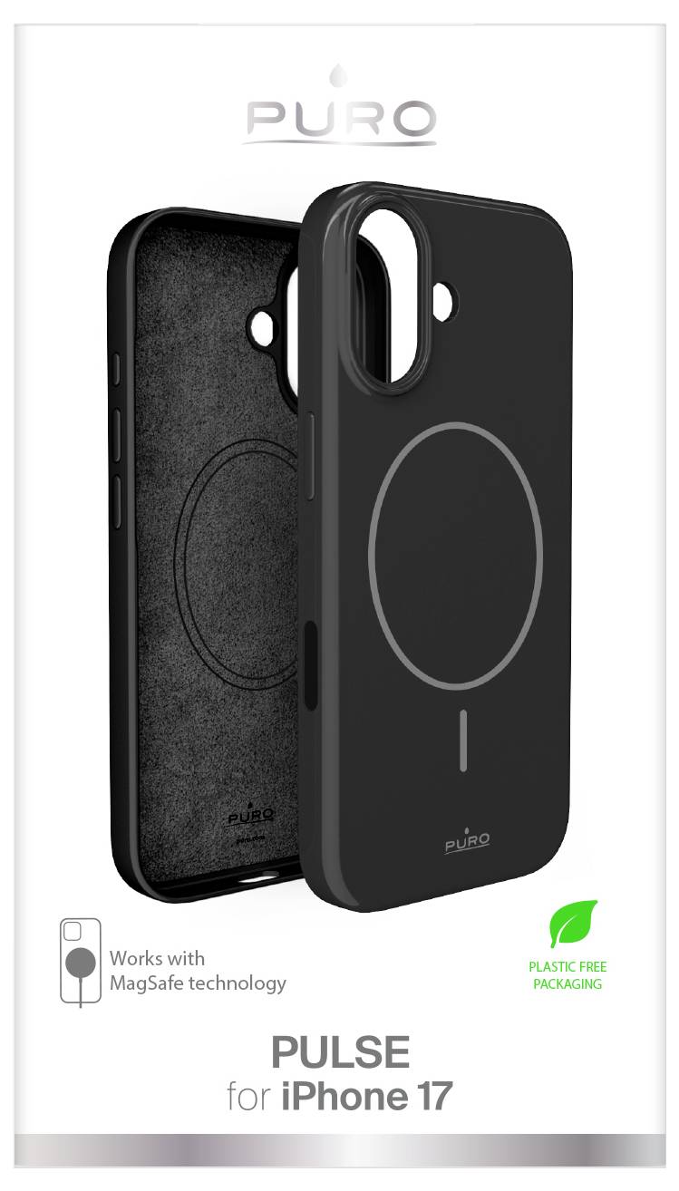 iPhone 17 Pulse Hülle von Puro, kompatibel mit MagSafe-Technologie. Wird in einer plastikfreien Verpackung geliefert.