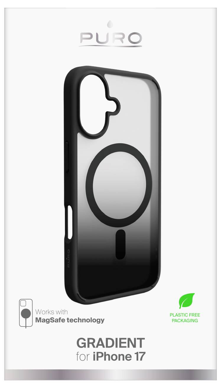 iPhone 17 Hülle in schwarzem und transparentem Verlaufsdesign, kompatibel mit MagSafe-Technologie. Umweltfreundliche verpackung ohne Plastik.
