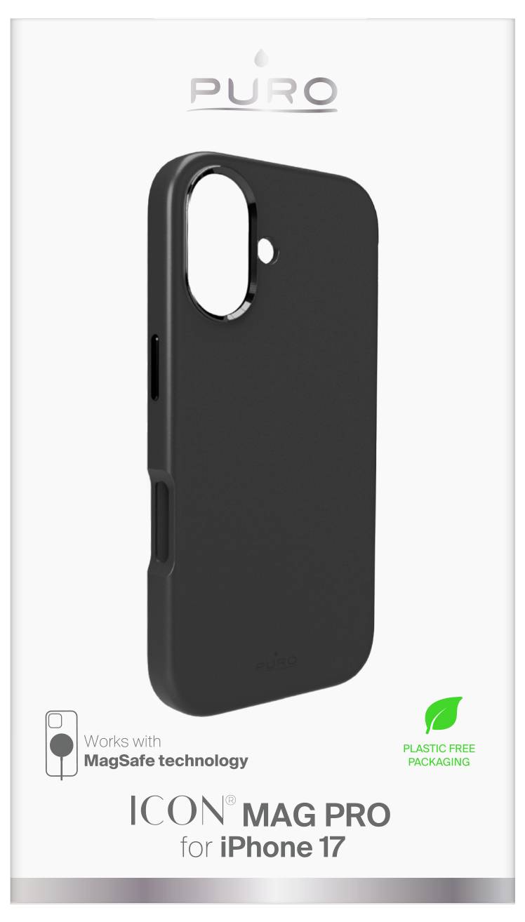 Schwarze Handyhülle für iPhone 17 mit MagSafe-Technologie, präsentiert in verpackungsfreier Verpackung.