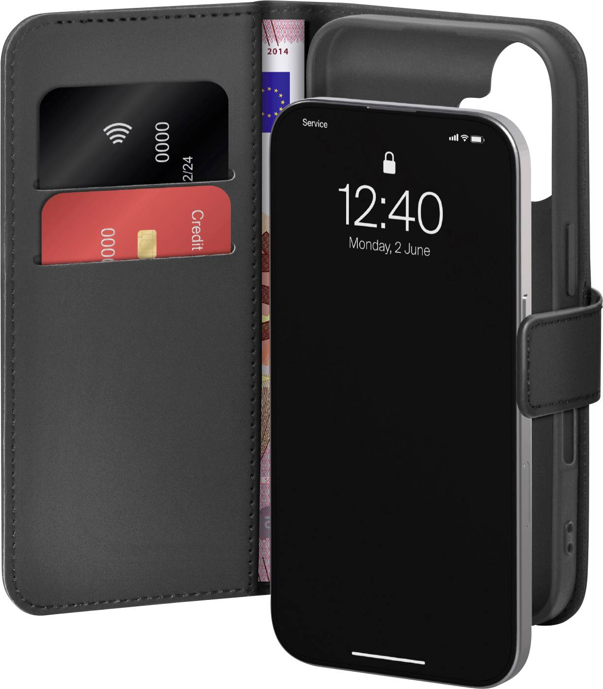 Ein Smartphone in einem schwarzen Brieftaschengehäuse mit sichtbaren Kreditkarten und Bargeld in den Fächern; auf dem Display des Telefons ist ein gesperrter Bildschirm mit Uhrzeit und Datum zu sehen.