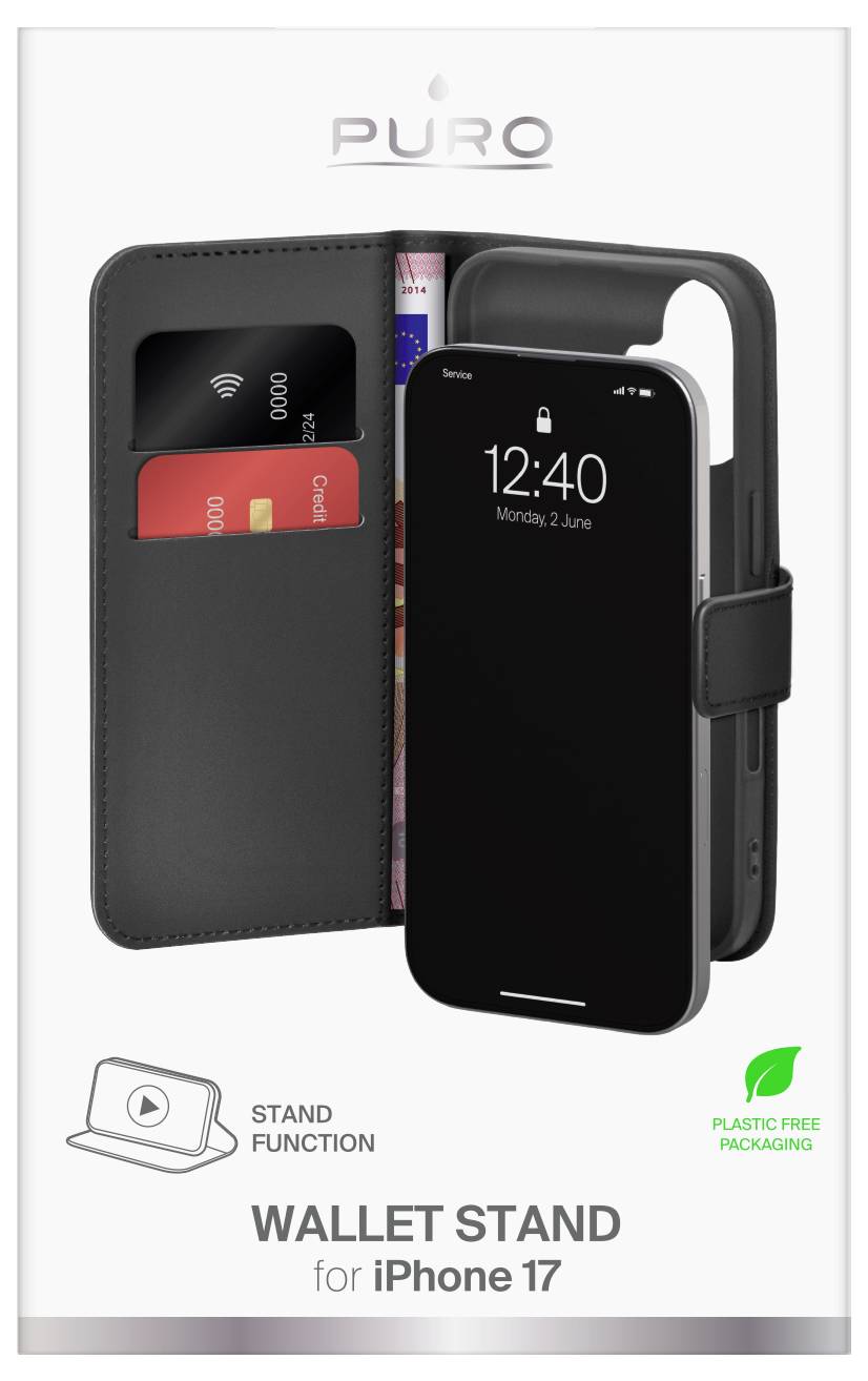 iPhone 17 Brieftasche Standcase mit Kartenfächern und Standfunktion; verpackungsfrei aus Plastik hervorgehoben.