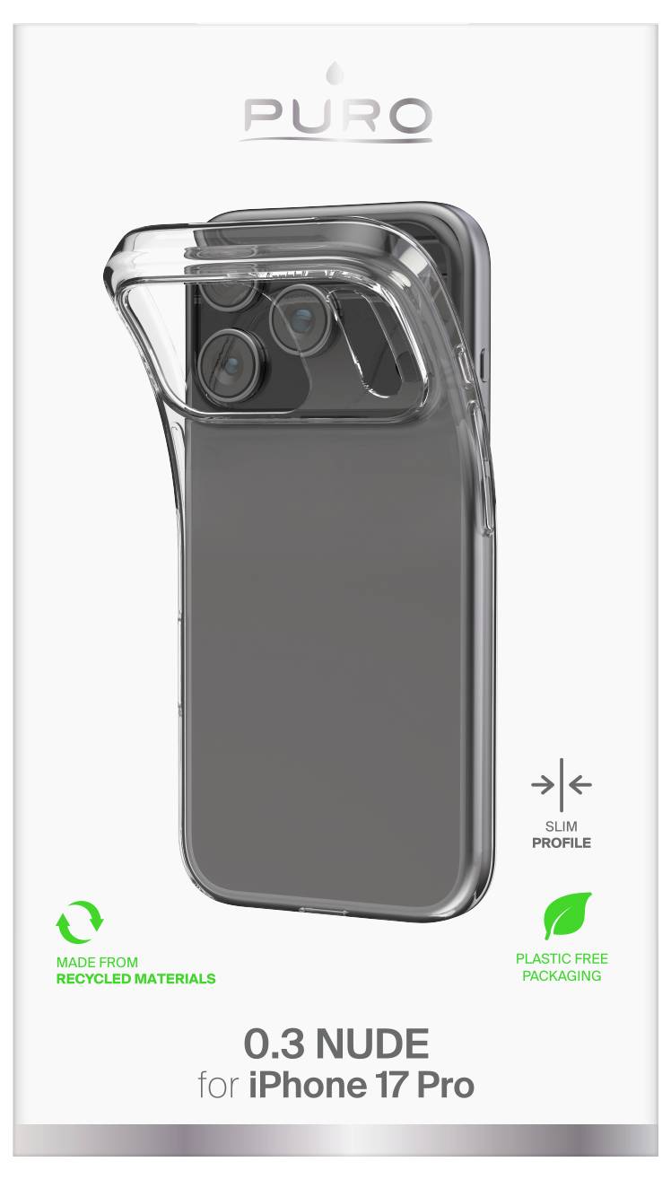 Transparente Handyhülle für iPhone 17 Pro mit den Aufschriften: „Hergestellt aus recycelten Materialien