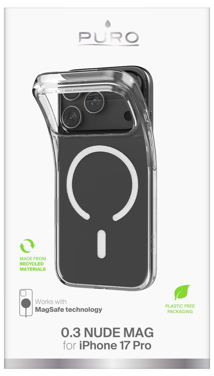 Transparente Handyhülle für iPhone 17 Pro mit MagSafe-Kompatibilität, mit Fokus auf umweltfreundliche Materialien und plastikfreie Verpackung.