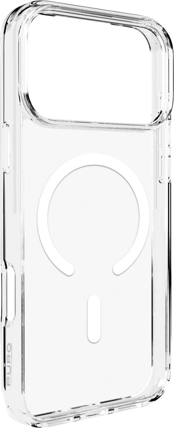 Eine transparente Smartphone-Hülle, die für MagSafe-Kompatibilität entwickelt wurde und einen kreisförmigen magnetischen Umriss auf der Rückseite für eine sichere Befestigung aufweist.