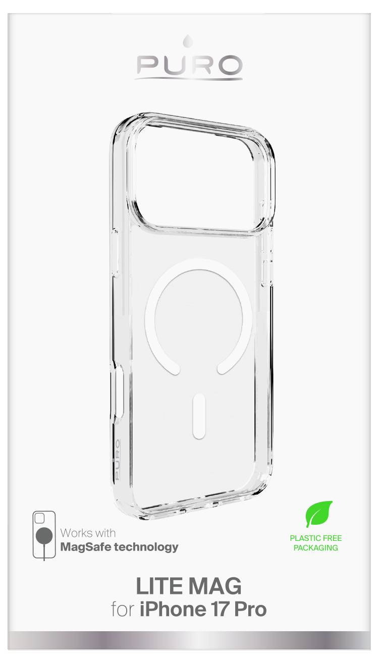 Durchsichtige Handyhülle Verpackung für 'iPhone 17 Pro'. Mit MagSafe-Technologie und gekennzeichnet als 'plastikfreie Verpackung'.