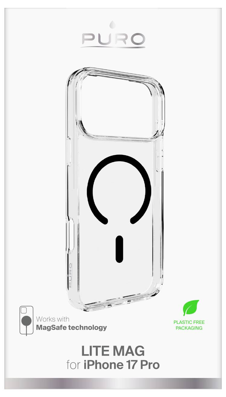 Durchsichtige Smartphone-Schutzhülle für 'Lite Mag' iPhone 17 Pro, kompatibel mit MagSafe-Technologie, mit plastikfreier Verpackung.