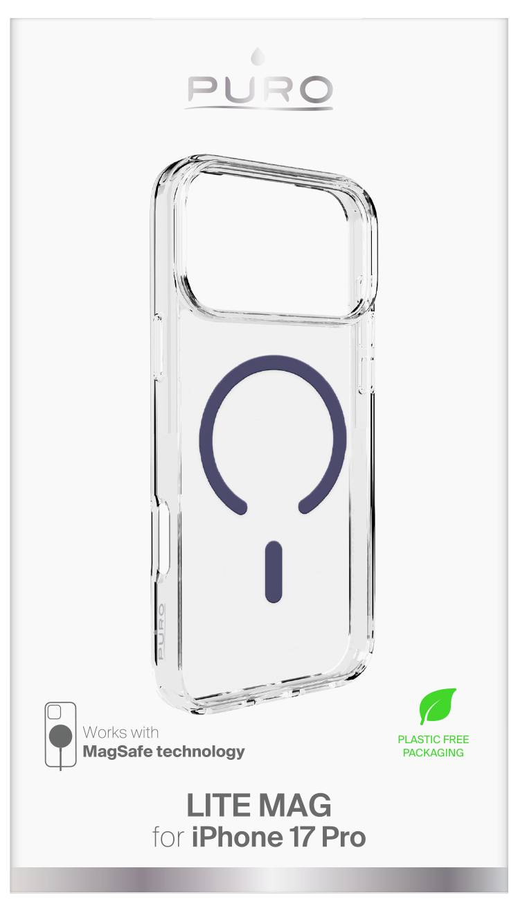 'Puro Lite Mag' Klarsichtgehäuse für iPhone 17 Pro, kompatibel mit MagSafe. Die Verpackung ist als plastikfrei gekennzeichnet.