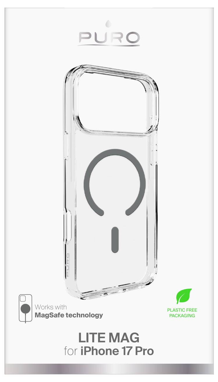 Transparente Handyhülle für das iPhone 17 Pro, ausgestattet mit MagSafe-Technologie. Umweltfreundliche, plastikfreie Verpackung.