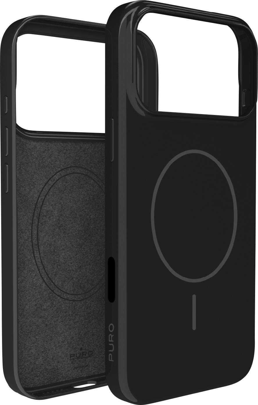 Schwarze Schutz-Handyhülle mit einer kreisförmigen Designstruktur auf der Rückseite, die auf Kompatibilität mit MagSafe-Zubehör hindeutet, und einem Markenlogo an der Seite.