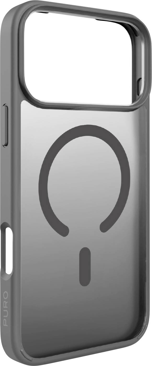 Eine graue Smartphone-Hülle mit einer großen, kreisförmigen Aussparung an der Oberseite für die Kamera und einem Icon, das einem Powersymbol auf der Rückseite ähnelt.