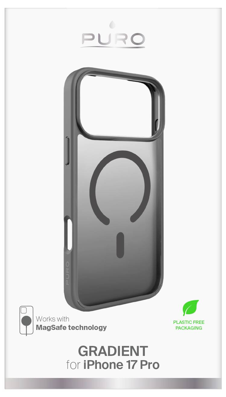 Handyhülle für 'Gradient für iPhone 17 Pro'. Mit MagSafe-Technologie; verpackungsfrei aus Plastik. Graue Hülle mit Logo abgebildet.