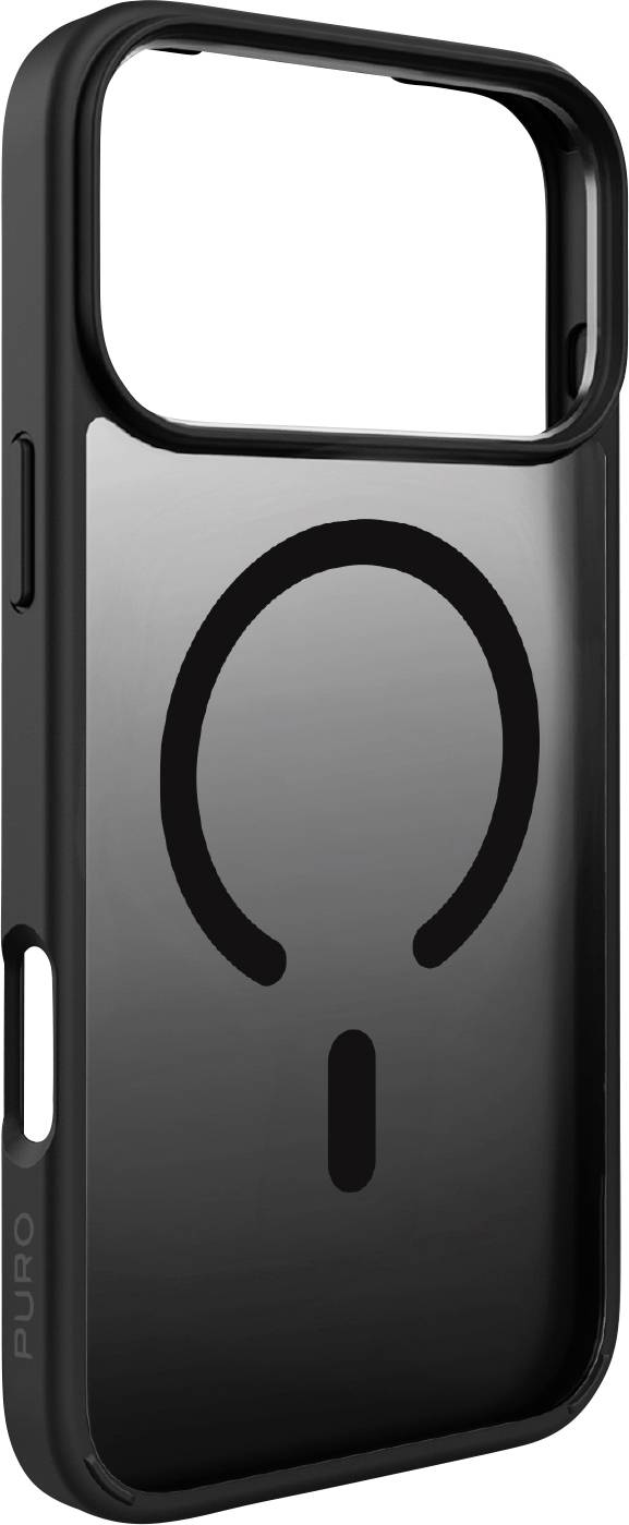 Eine schwarze Handyhülle mit einem kreisförmigen Logodesign auf der Rückseite. Die Hülle verfügt über Öffnungen für Tasten und Anschlüsse und bietet sowohl Schutz als auch Stil.