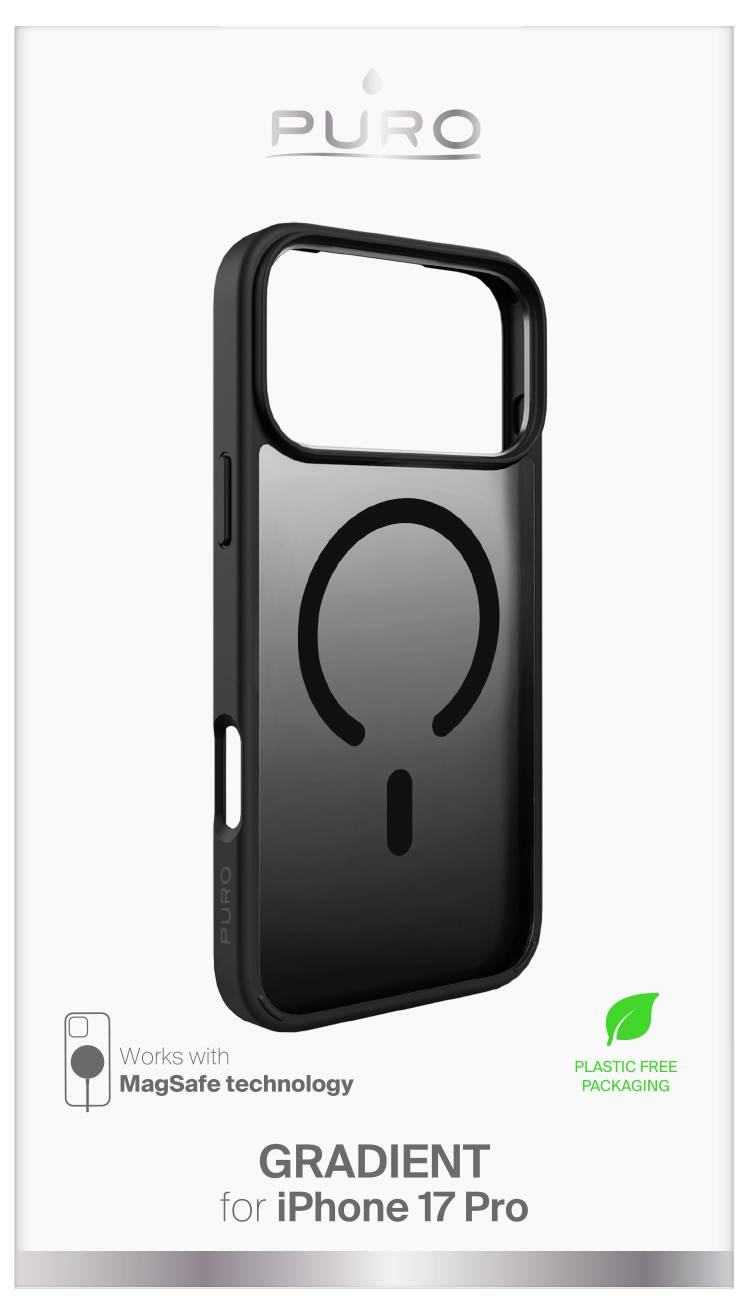 iPhone 17 Pro Hülle Verpackung. Schwarzes Verlaufsdesign mit Aufschriften 'Kompatibel mit MagSafe-Technologie' und 'Verpackung ohne Plastik'.