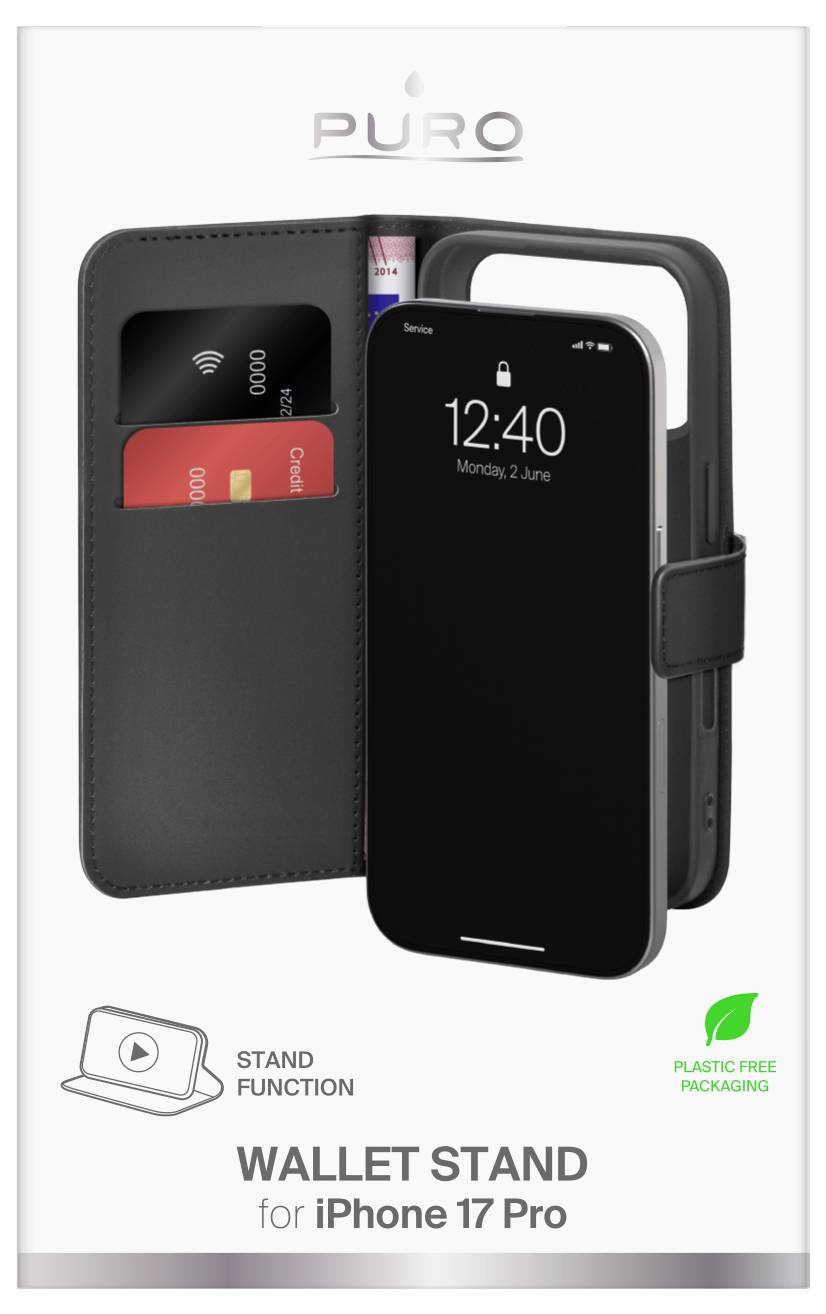 Eine schwarze Brieftasche-Handyhülle für iPhone 17 Pro, gezeigt mit dem Telefon im Inneren und Karten in den Fächern. Beschriftet mit ‚Standfunktion' und ‚Plastikfreie Verpackung'.