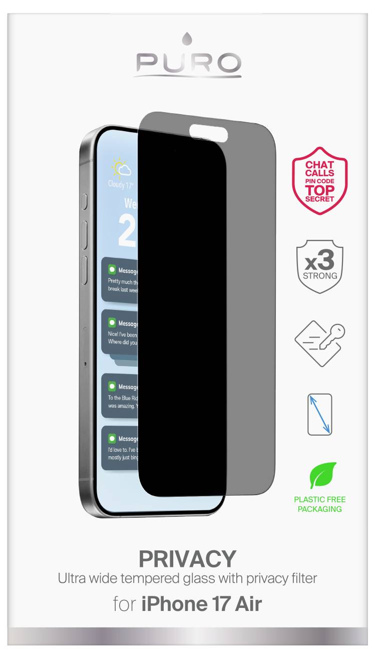 Ein Sichtschutzfolie für iPhone 17 Air, die eine ultrabreite Abdeckung mit einer Chat-Schutz-Funktion und einer plastikfreien Verpackung bietet.