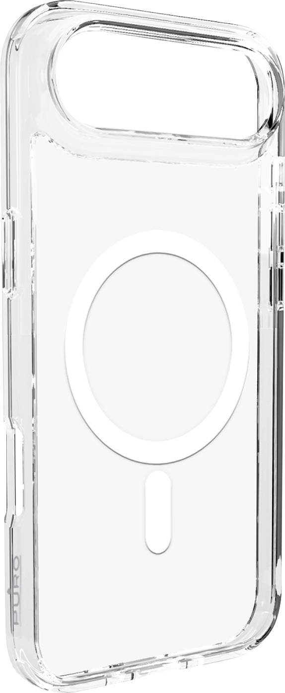 Eine transparente Handyhülle mit einem kreisförmigen magnetischen Design, geeignet für MagSafe-Ladung, von der Seite gezeigt, um ihre Dicke zu betonen.