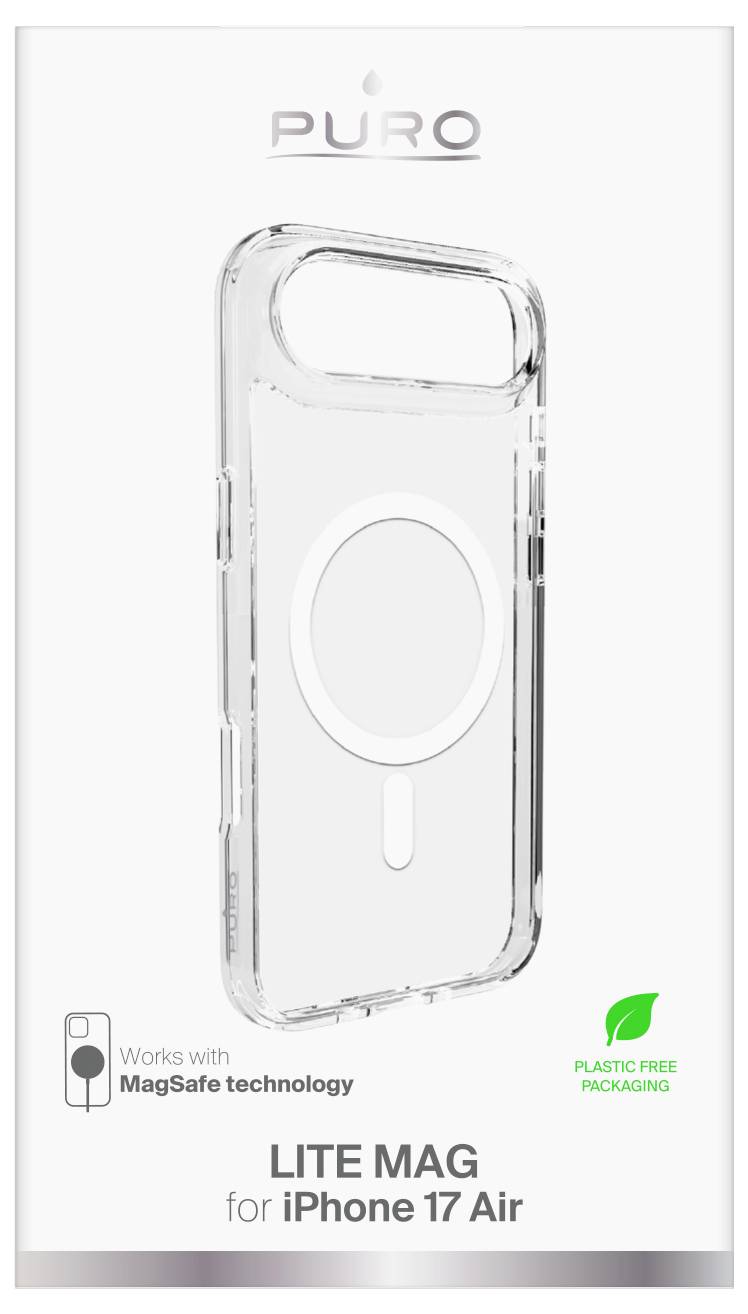 Transparente Puro Lite Mag Schutzhülle für iPhone 17 Air, kompatibel mit MagSafe-Technologie, in verpackungsfreier Verpackung präsentiert.