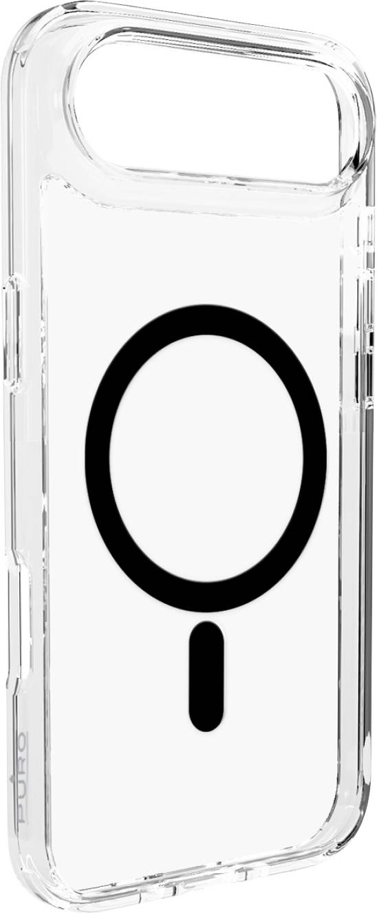 Eine durchsichtige Handyhülle mit einem schwarzen Ausrufezeichen-Design auf der Rückseite, aus einem Winkel betrachtet.