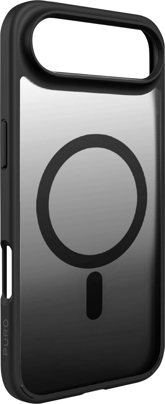 Handyhülle mit elegantem, schwarzem Design und einem kreisförmigen Emblem auf der Rückseite, kompatibel mit MagSafe-Technologie.