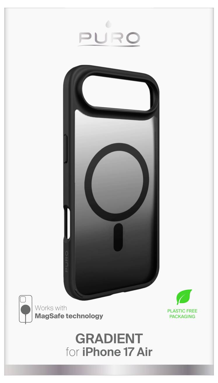'iPhone 17 Air' schwarze Verlaufshülle mit MagSafe-Kompatibilität, präsentiert in plastikfreier Verpackung von Puro.