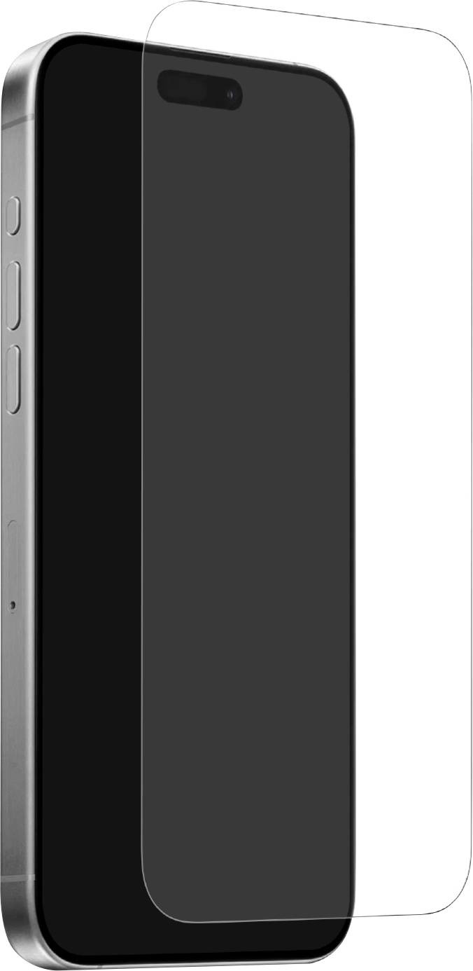Ein Smartphone mit einem teilweise angebrachten durchsichtigen Schutzfolienüberzug, der die seitlichen Tasten und das elegante Design des Geräts zeigt.