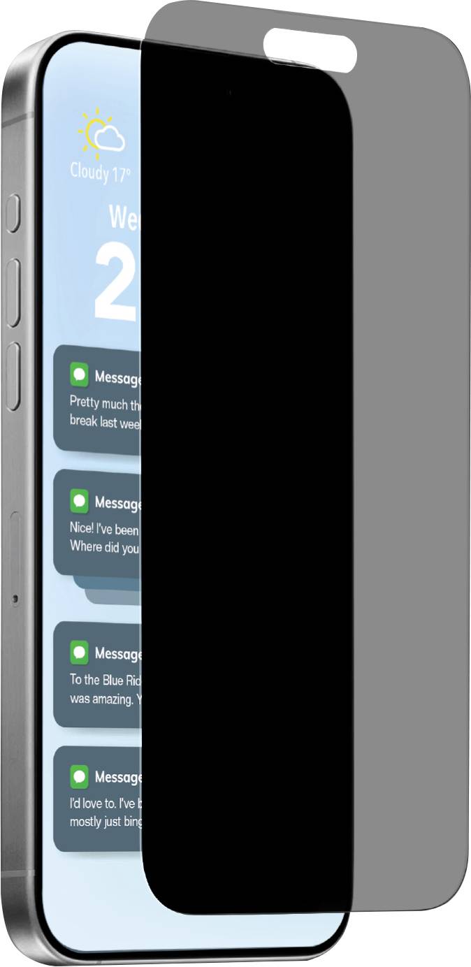Ein Smartphone mit einem teilweise aufgelegten Sichtschutzfolie, auf dem Wetter und Nachrichten angezeigt werden.