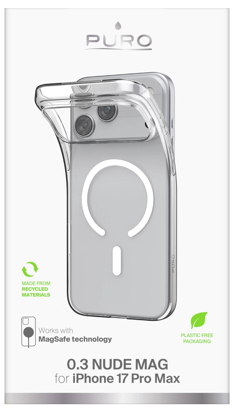 Ein transparentes Telefon-Gehäuse mit MagSafe-Kompatibilität für das iPhone 17 Pro Max, hergestellt aus recycelten Materialien und mit plastikfreier Verpackung.