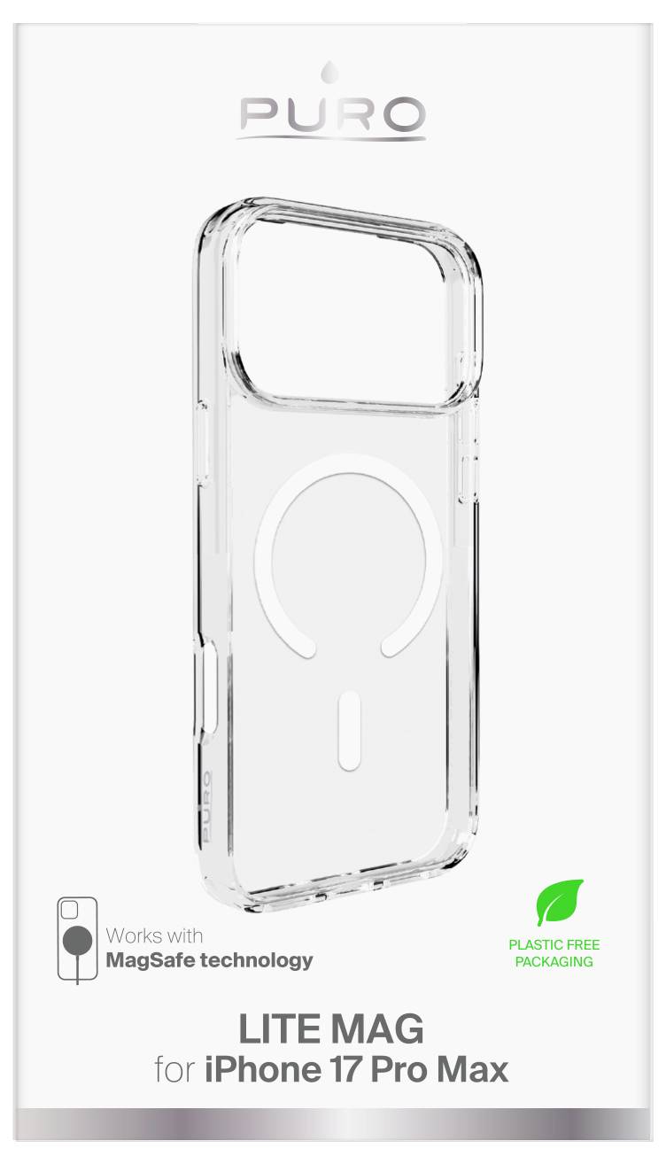 Durchsichtige Handyhülle für iPhone 17 Pro Max, kompatibel mit MagSafe, in verpackungsmittelfreier Verpackung. Marke 'PURO' oben.