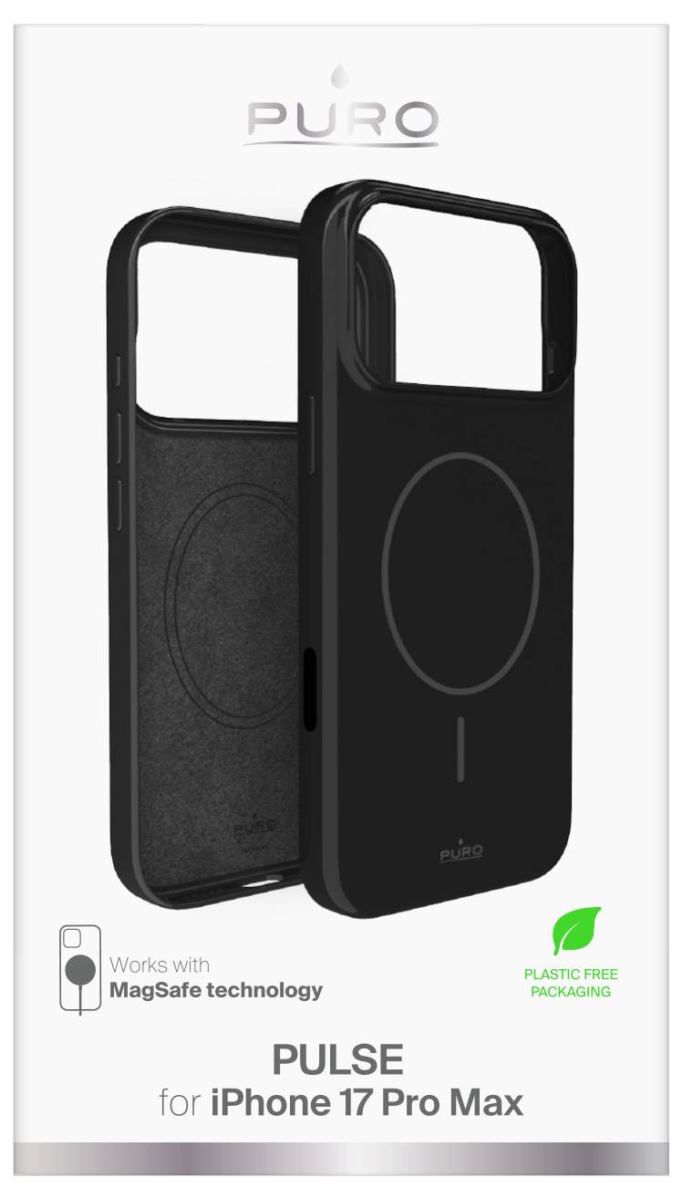 Zwei schwarze Puro Pulse Hüllen für iPhone 17 Pro Max mit MagSafe-Technologie. Etikett weist auf plastikfreie Verpackung hin.