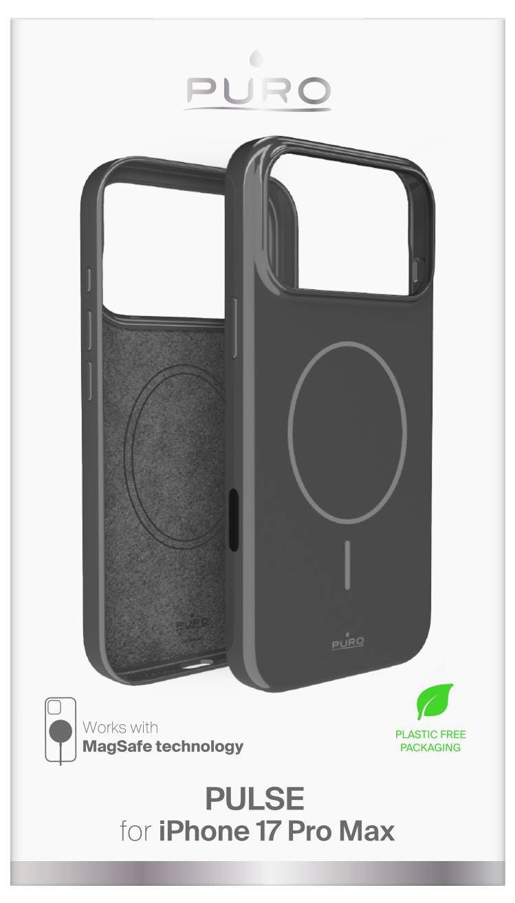 Handyhülle Verpackung zeigt eine schwarze Hülle für das 'iPhone 17 Pro Max' mit MagSafe-Technologie und betont eine plastikfreie Verpackung.