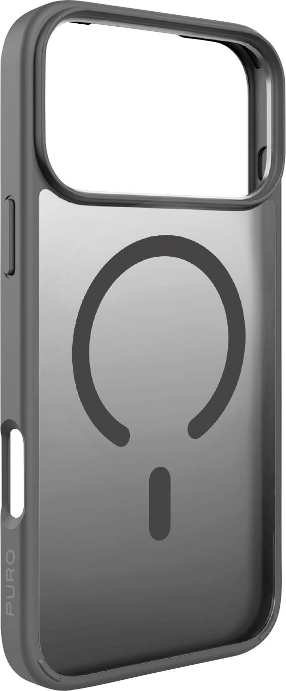 Eine graue Smartphone-Hülle mit einem MagSafe-Symbol auf der Rückseite, das die Kompatibilität mit MagSafe-Zubehör anzeigt.