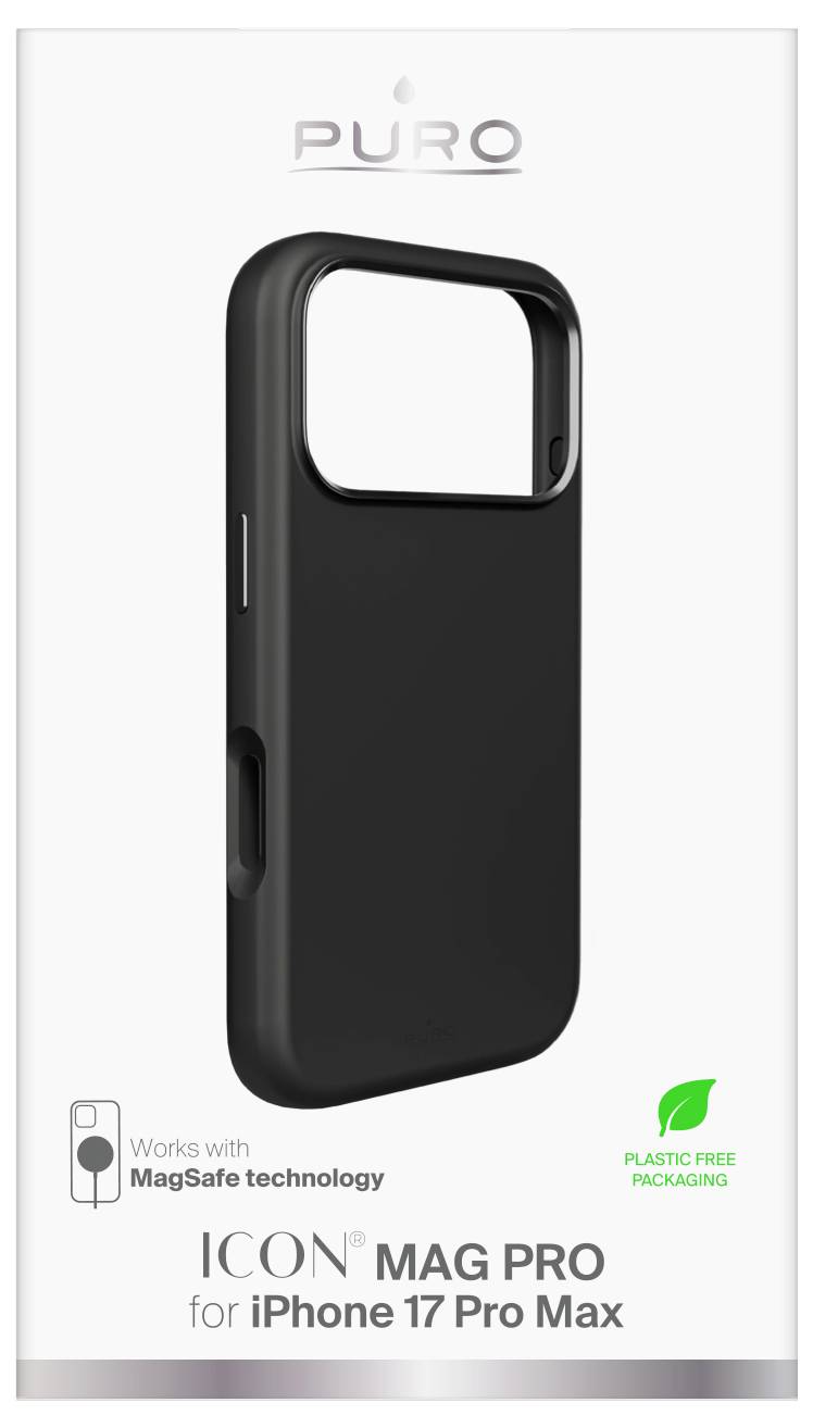 'PURO ICON Mag Pro iPhone 17 Pro Max' schwarze Handyhülle Verpackung mit MagSafe-Kompatibilität und plastikfreier Verpackung