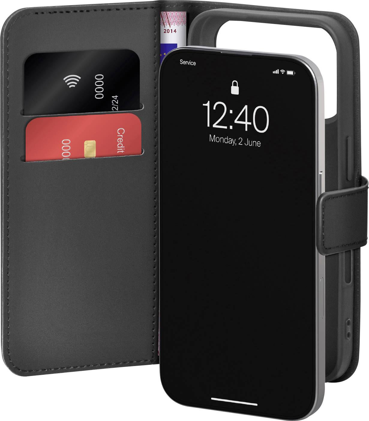 Schwarzes Smartphone in einer Brieftaschenhülle, auf dem Display werden Uhrzeit und Datum angezeigt; der Kartenfach der Hülle enthält Bankkarten und einen teilweise sichtbaren Personalausweis.