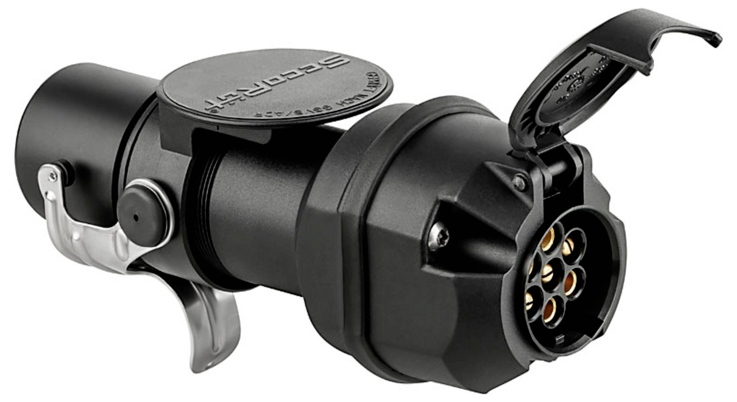 Ein schwarzer, runder Anhänger-Stecker mit offenem Deckel, der sieben Metallstifte innen zeigt, wird zum Verbinden von Fahzeugelektronik verwendet.