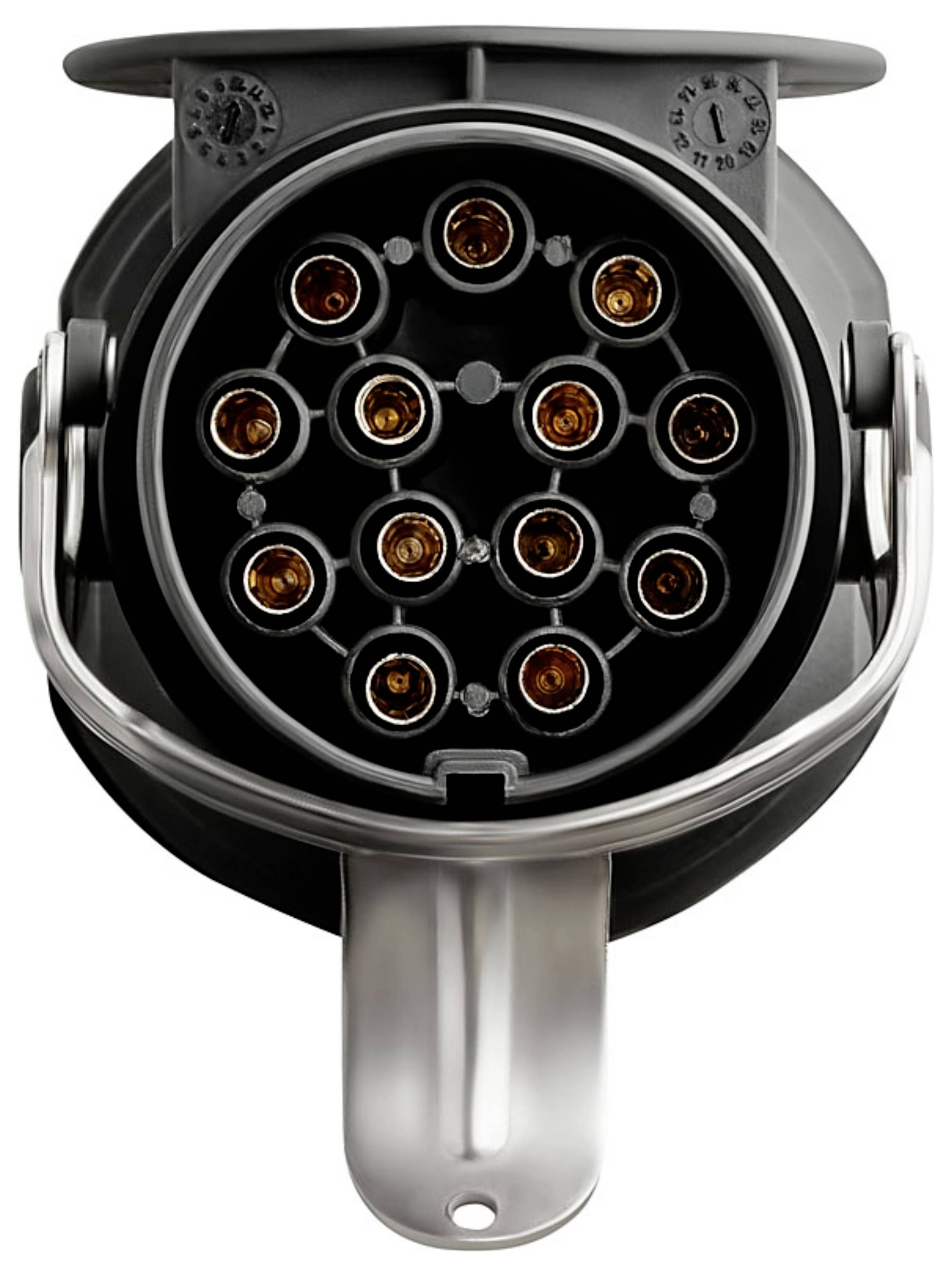 Nahaufnahme eines runden Mehrpin-Steckers, die eine elektrische oder Datenschnittstelle für ein Fahrzeug oder Gerät anzeigt.