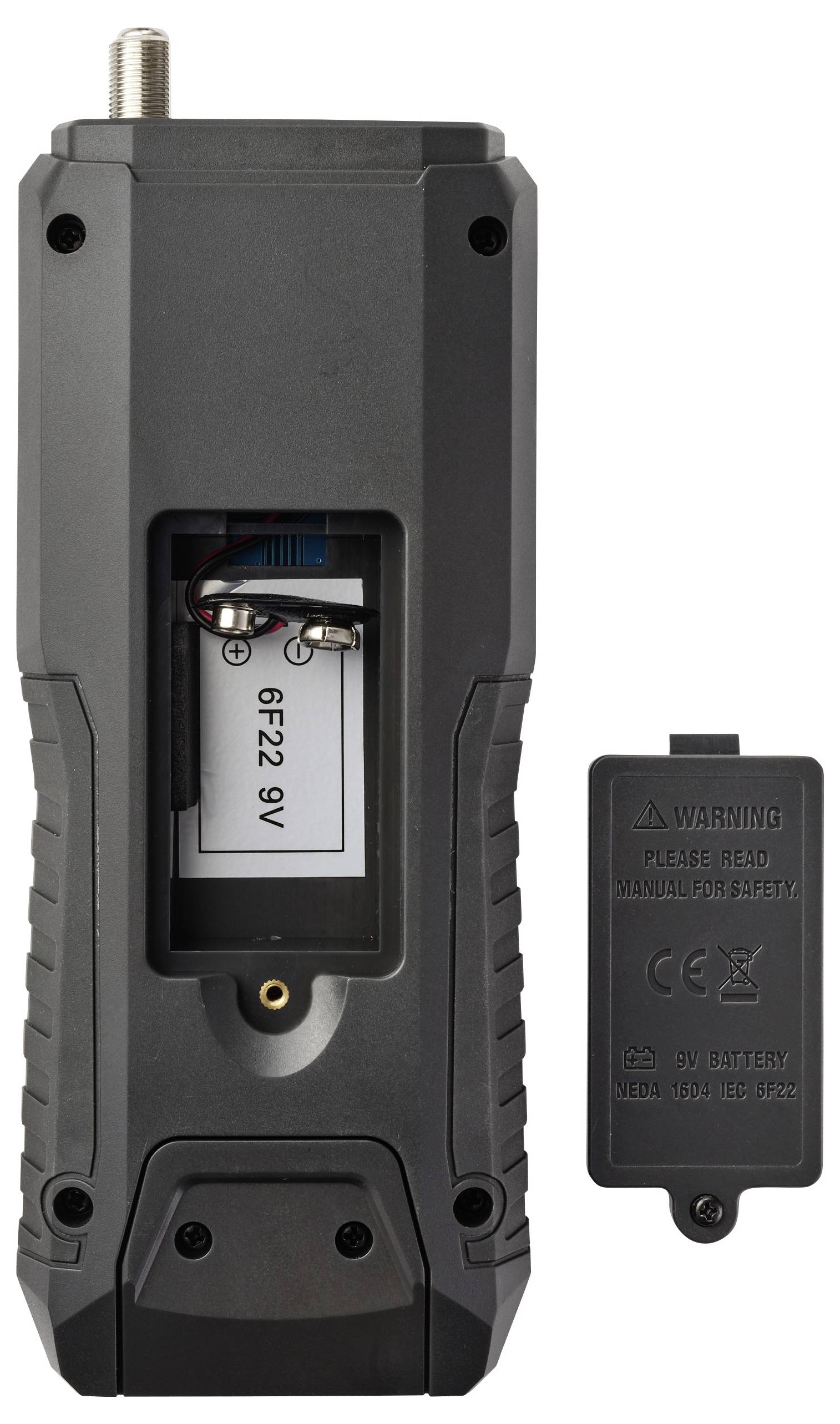 Ein schwarzes Batteriefach eines Geräts mit einer nicht gesicherten 9V-Batterie im Inneren, neben einem abnehmbaren Deckel, der eine Warnmeldung anzeigt.