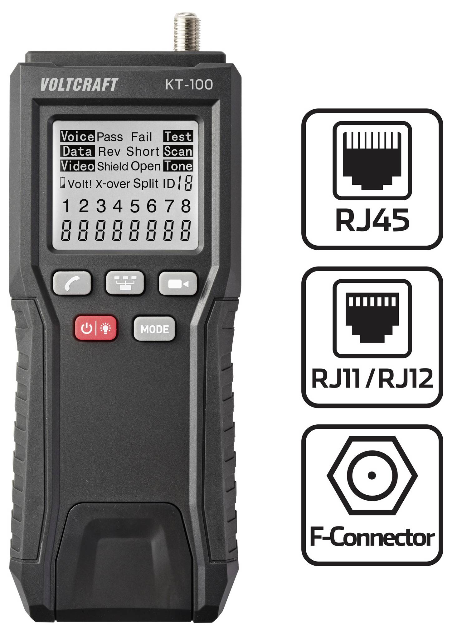 Ein tragbarer Netzwerkkabeltester mit einem LCD-Bildschirm, der verschiedene Testergebnisse anzeigt. Icons für RJ45, RJ11/RJ12 und F-Connector werden dargestellt.