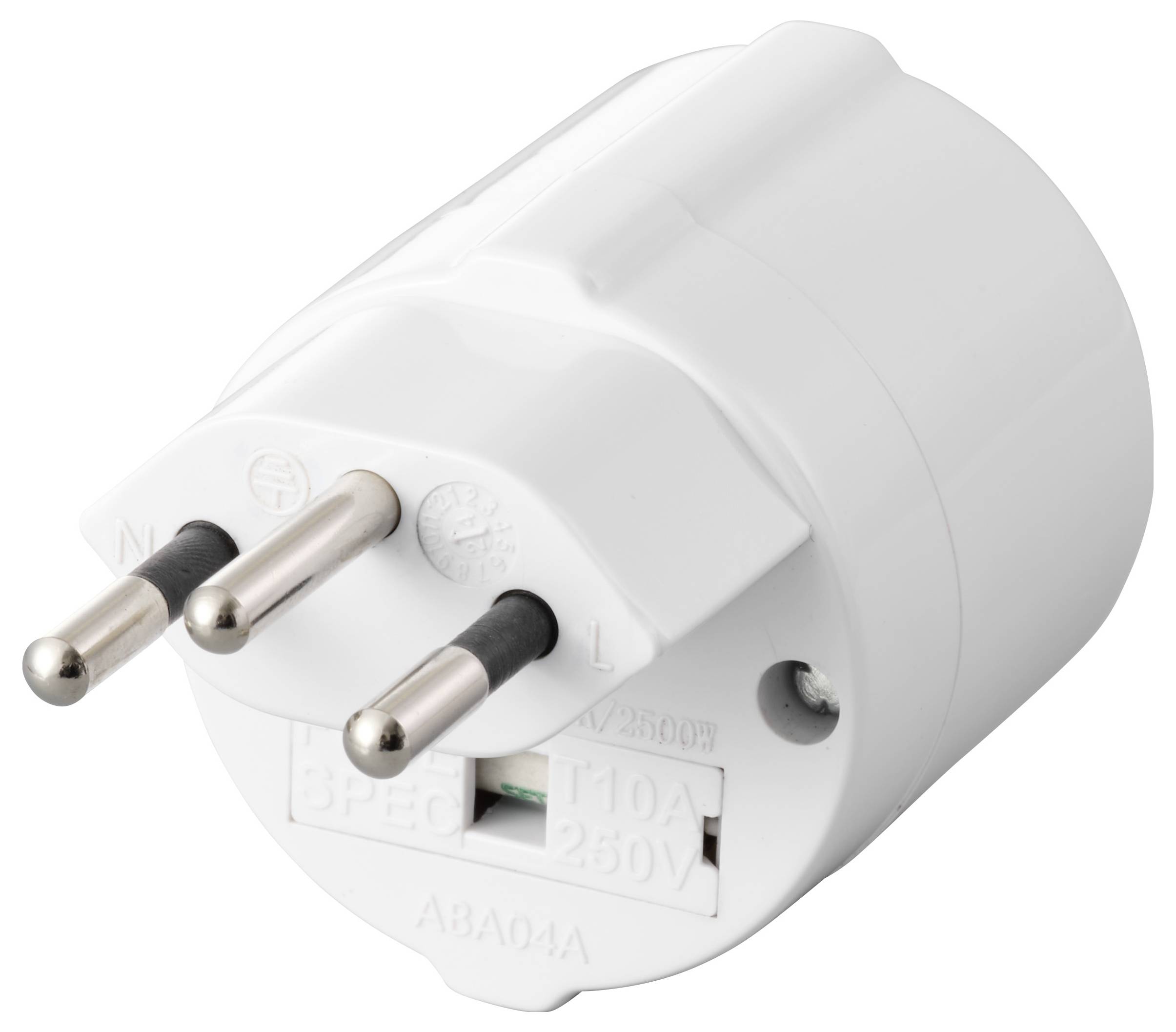Ein weißer Steckeradapter mit drei Metallstiften ist abgebildet, konzipiert für elektrische Geräte, mit einer Kapazität von bis zu 250 Volt und 10 Ampere.