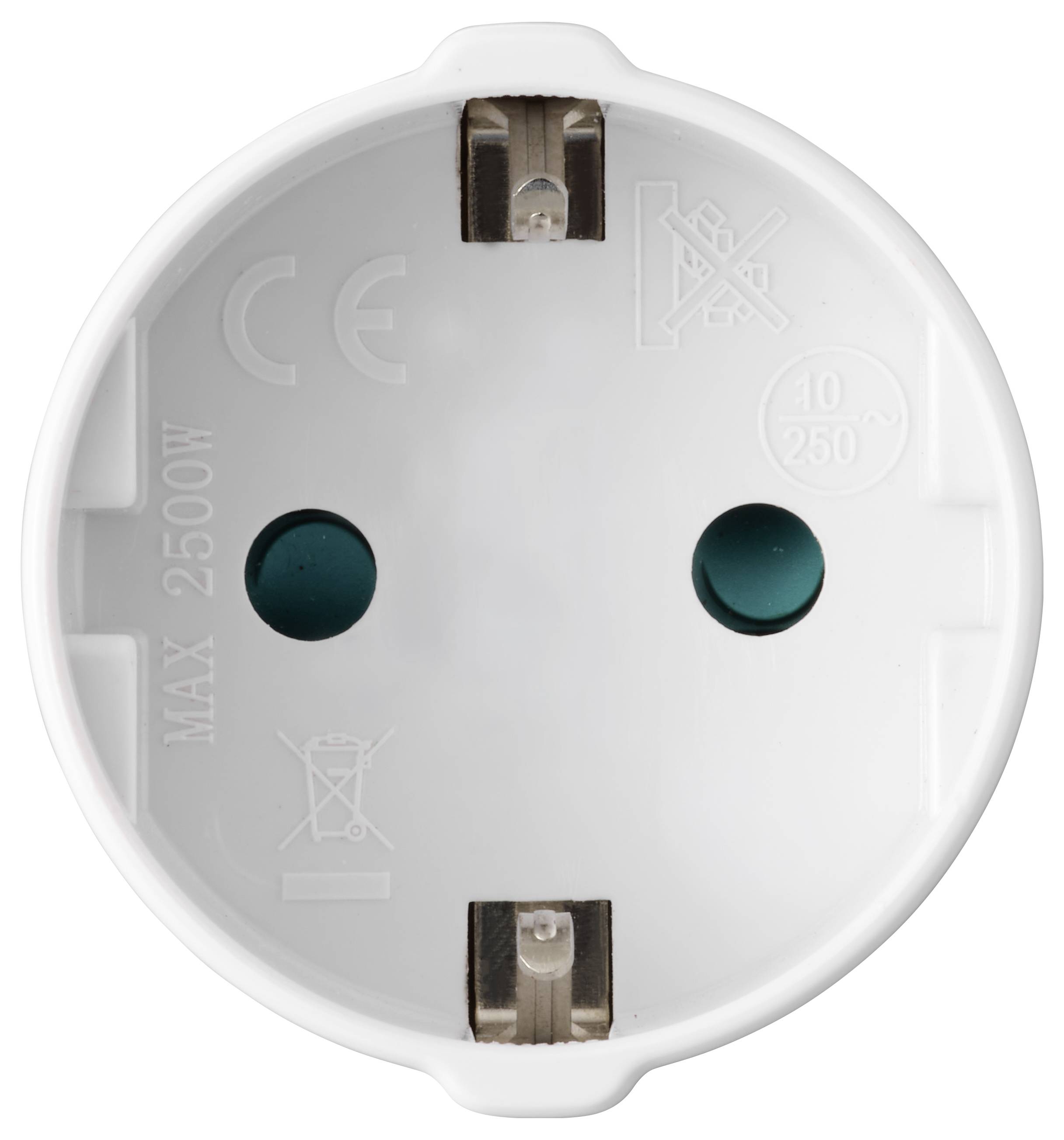 Das Bild zeigt einen weißen elektrischen Steckdosenadapter mit zwei runden Löchern und Metallkontakten, der für maximal 2500W freigegeben ist.