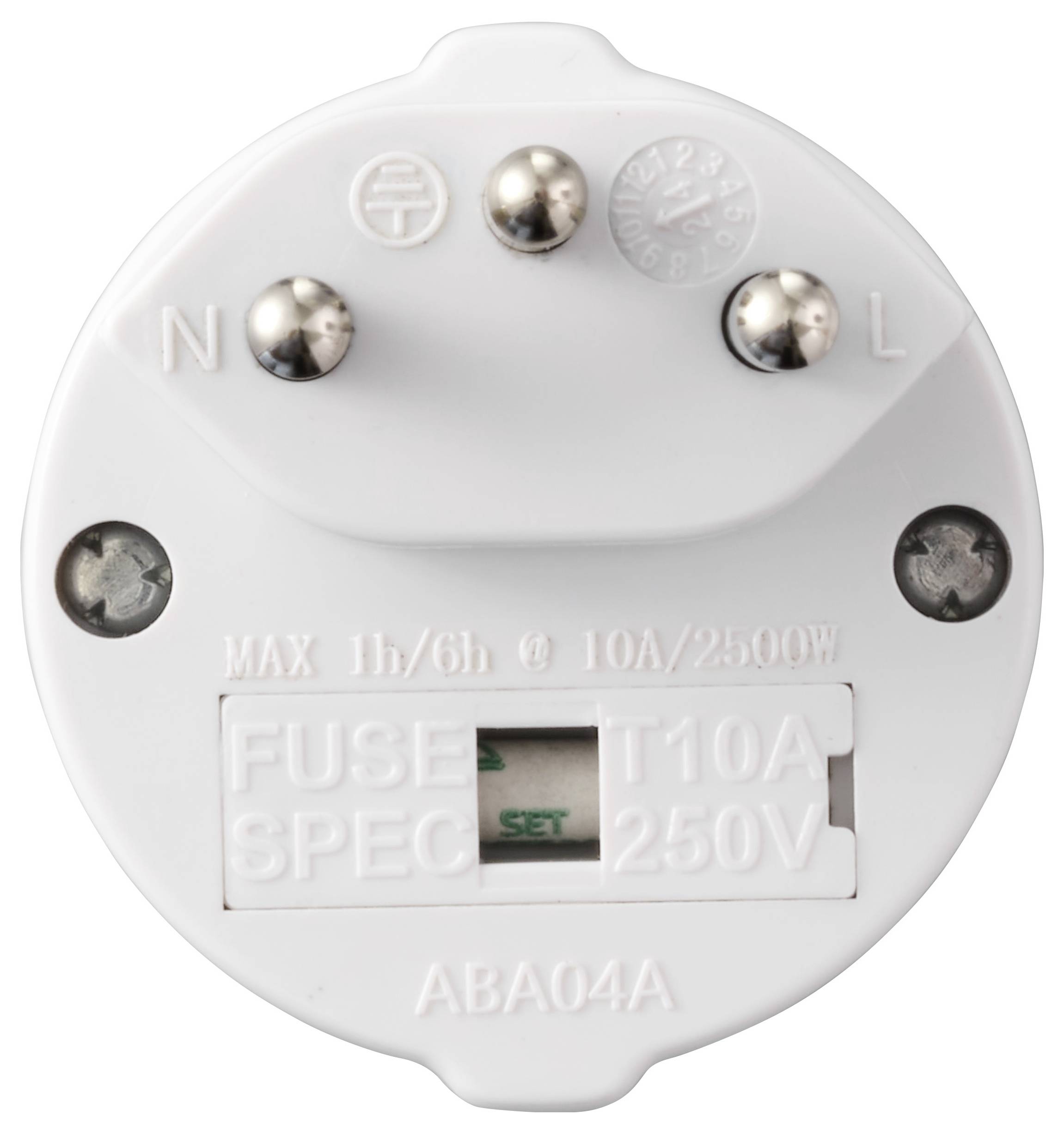 Das Bild zeigt die Basis eines Elektrosteckers mit den Markierungen 'N', 'L' und 'MAX 1h/6h @ 10A/2500W'. Es enthält eine Sicherung mit der Beschriftung 'T10A 250V'.