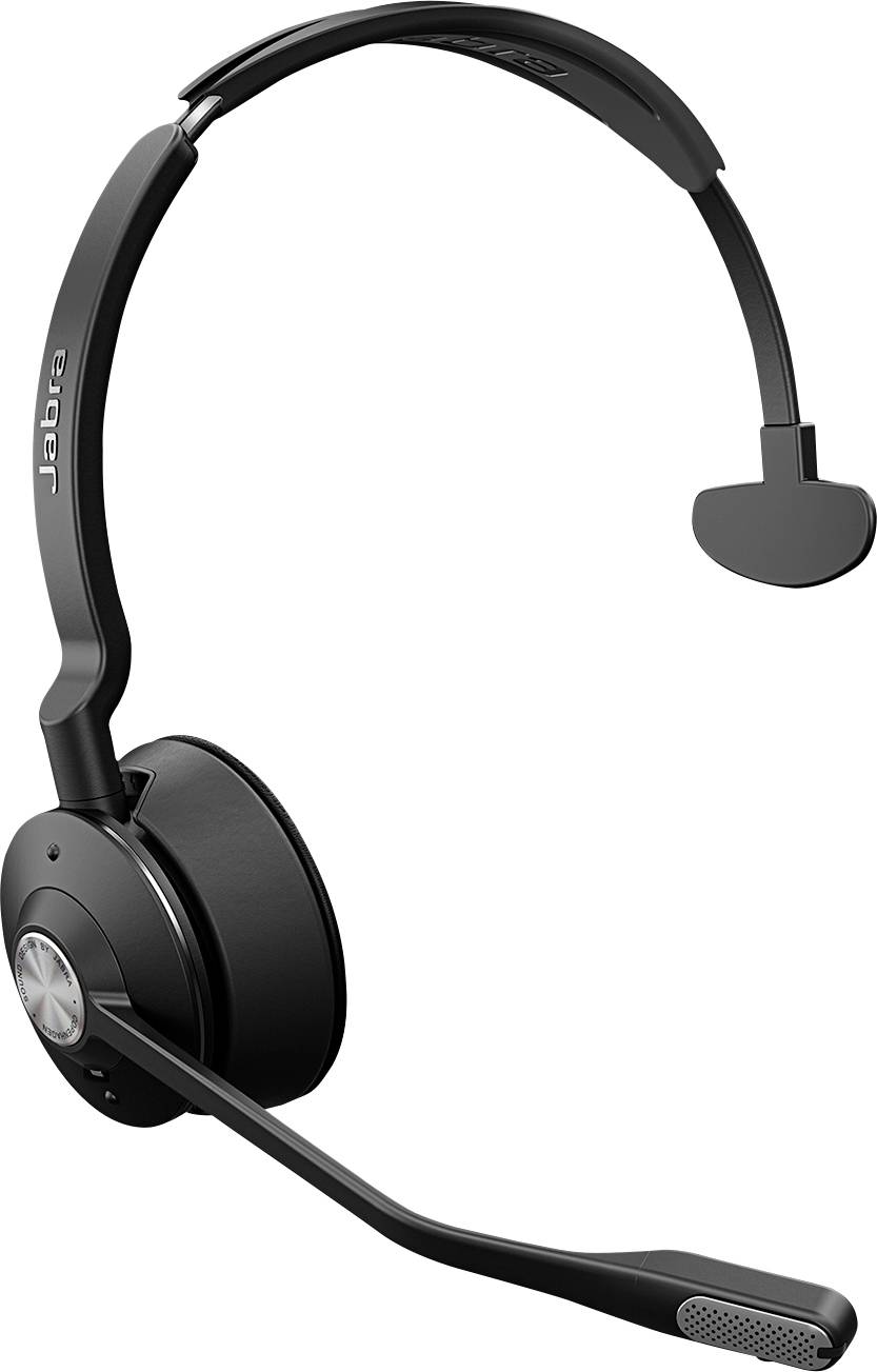Ein schwarzes drahtloses Headset mit verstellbarem Kopfbügel, Mikrofonboom und Ohrpolsterung, das für komfortable, freihändige Kommunikation entwickelt wurde.