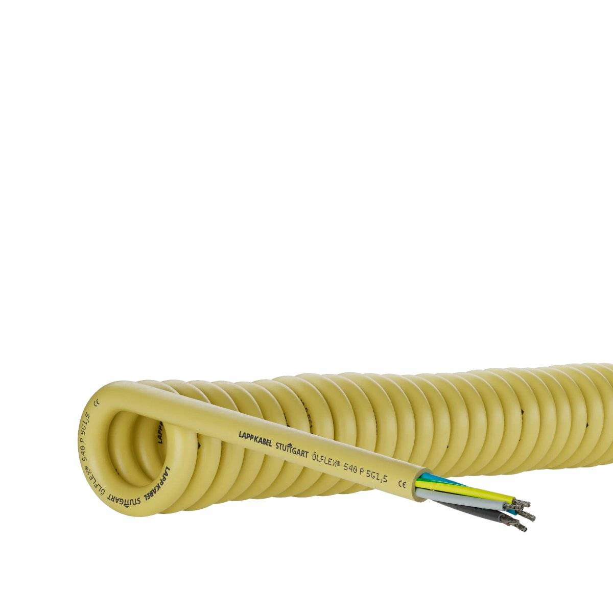 Ein gewickeltes gelbes elektrisches Kabel mit beschrifteter Aufschrift 'LappKabel ÖLFLEX', mit grünen, gelben und schwarzen Leitungen an einem Ende.