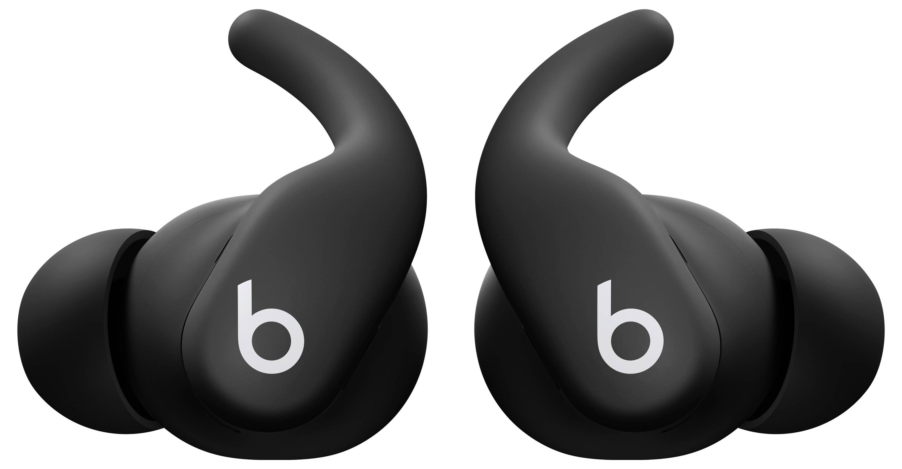 Schwarze drahtlose Kopfhörer mit elegantem Design, ausgestattet mit 'b' Logos auf der Außenseite, versehen mit flexiblen Ohreinsätzen für einen sicheren und bequemen Sitz.